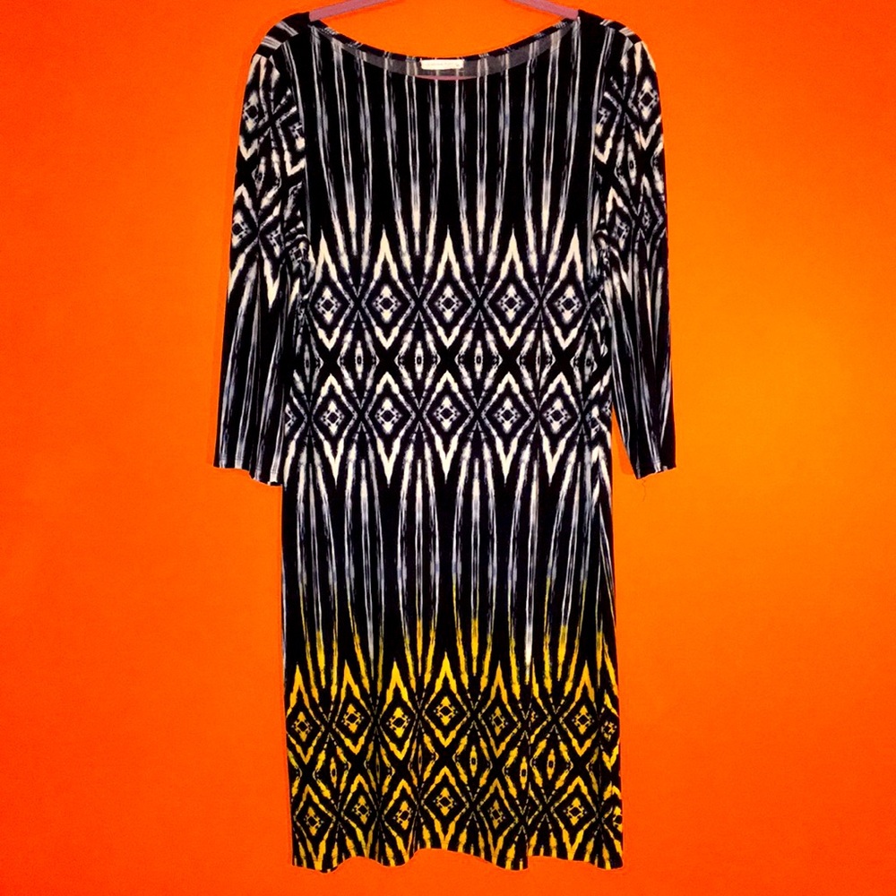 Woman’s Black /White/Yellow Geometric Patterned Dress 12/14/16 Lg XL Career Fall